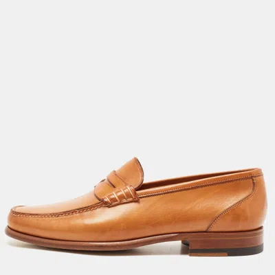 Pre-owned Santoni Tan Leather Penny Slip On Loafers Size 40.5