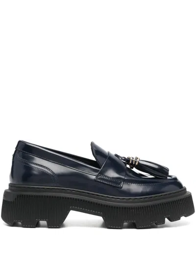 Santoni Tassel Detail Closed Blue Loafers In Black