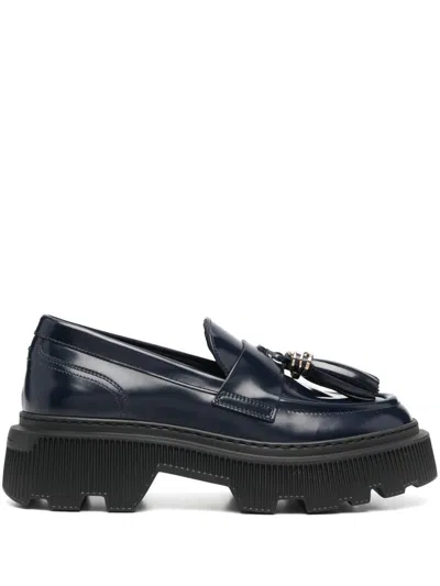 Santoni Tassel Detail Closed Blue Loafers In Black