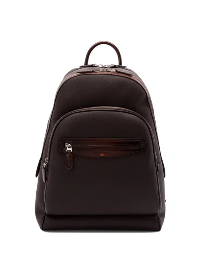 Santoni Textured Calf Leather Backpack With Carrying Options In Brown