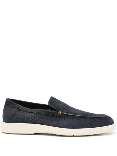 Santoni Textured Cow Leather Loafers With Rubber Sole In Blue