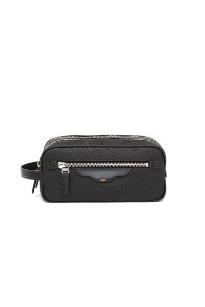 Santoni Textured Leather Belt Bag With Dual Compartments And Silver Accents In Black