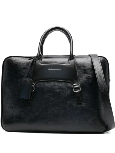 Santoni Textured Leather Briefcase In Blue