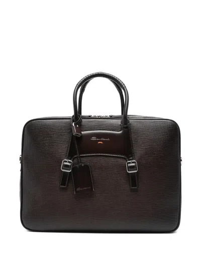 Santoni Textured Leather Briefcase In Brown