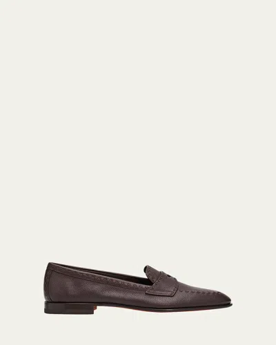 Santoni Topstitch Leather Penny Loafers In Brown