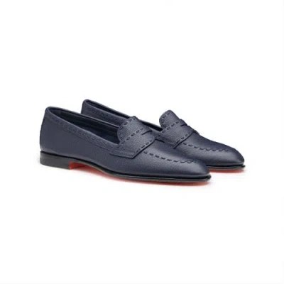 Santoni Tumbled Leather Penny Loafer In Blue
