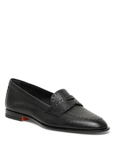 Santoni Tumbled Leather Penny Loafer In Black