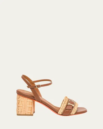 Santoni Vela Buckle Leather Raffia Block-heel Sandals In Light Brown