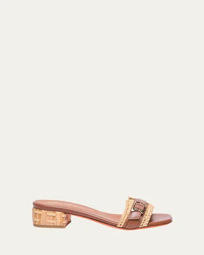 Santoni Vela Woven Raffia Leather Mule Sandals In Light Brown