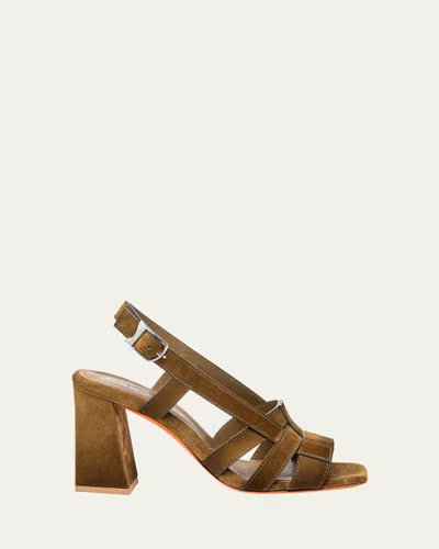 Santoni Venere Caged Suede Block-heel Sandals In Green