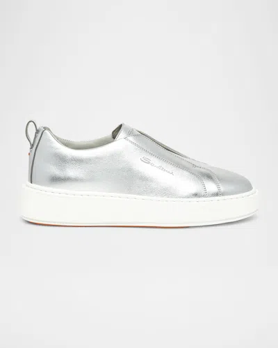 Santoni Victory Metallic Slip-on Sneakers In Silber