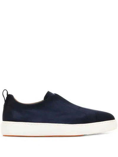 Santoni Suede Leather Slip-on Trainers With Rubber Sole In Black
