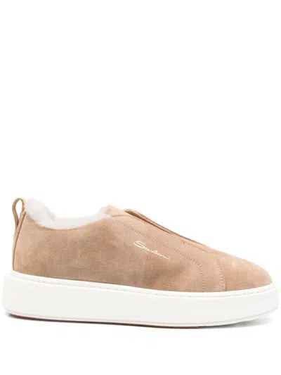 Santoni Suede Slip-on Sneakers In 中性色