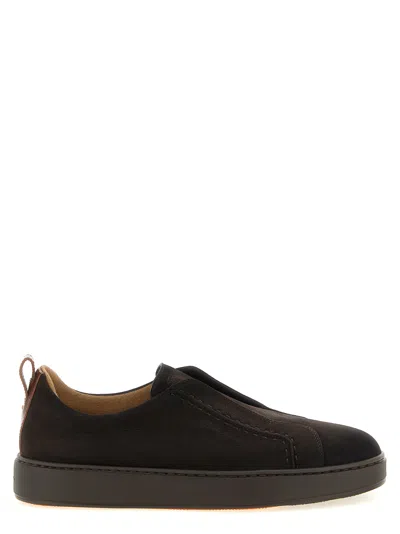 Santoni Slip-on Leather Sneakers In Brown