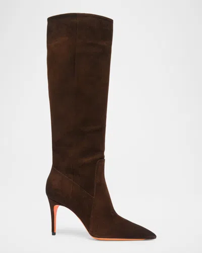 Santoni Viola 85mm Suede Knee-high Stiletto Boots In Brown