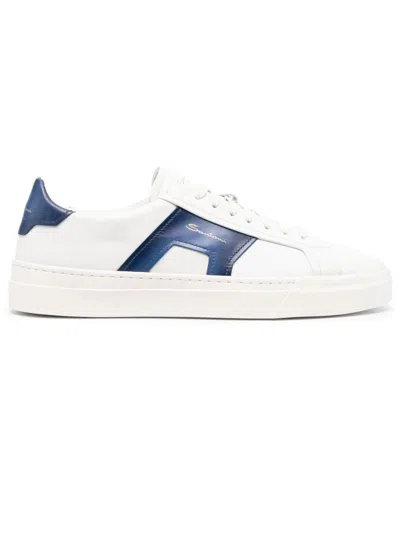 SANTONI WHITE AND BLUE LEATHER SNEAKERS