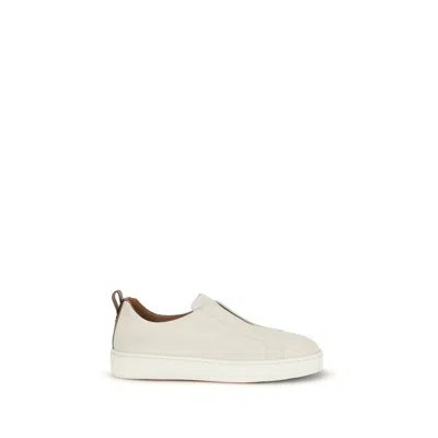 SANTONI WHITE CALF LEATHER BOS TAURUS LOW TOP SNEAKERS