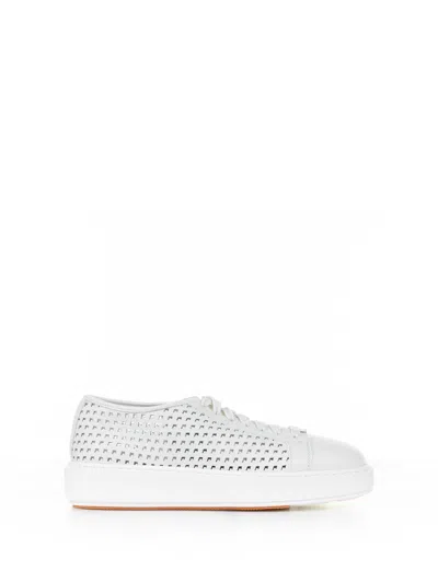 SANTONI SANTONI WHITE SNEAKER IN PERFORATED LEATHER