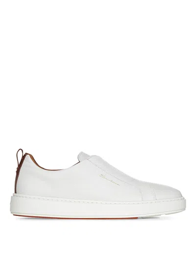 SANTONI WHITE TUMBLED LEATHER SLIP-ON SNEAKERS