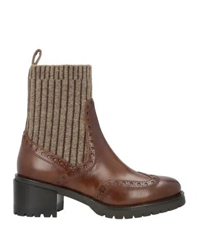 Santoni Woman Ankle Boots Brown Size 6.5 Leather, Textile Fibers