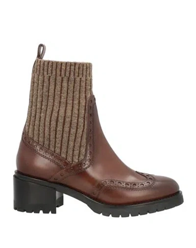 Santoni Woman Ankle Boots Brown Size 6.5 Leather, Textile Fibers