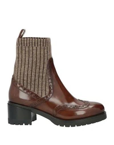 SANTONI SANTONI WOMAN ANKLE BOOTS BROWN SIZE 9.5 LEATHER, TEXTILE FIBERS