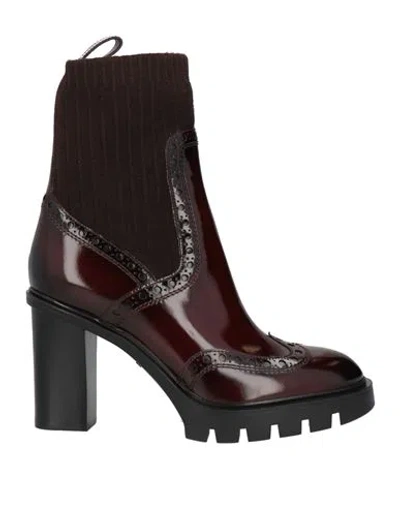 Santoni Woman Ankle Boots Burgundy Size 7 Leather, Textile Fibers In Red