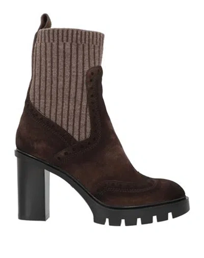 Santoni Woman Ankle Boots Dark Brown Size 6 Leather, Textile Fibers