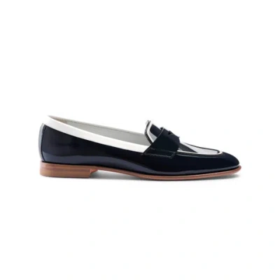 Santoni Women's Blue And White Patent Leather Penny Loafer