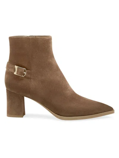 Santoni Block Heel Suede Ankle Boots With Buckle In Brown