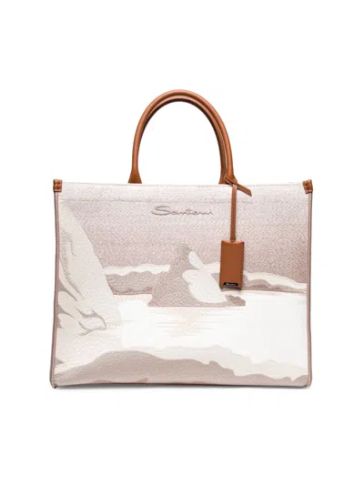 Santoni Women's Embroidered Shopper Tote Bag In Beige