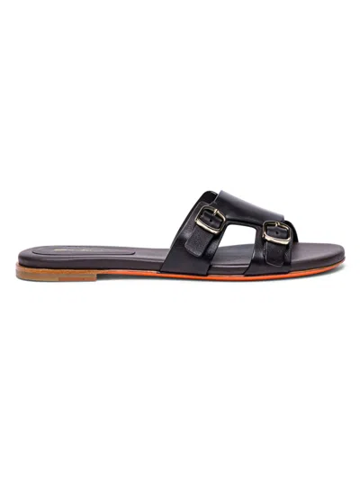 Santoni Foresaw Leather Double Monk Slide Sandals In Dark Brown