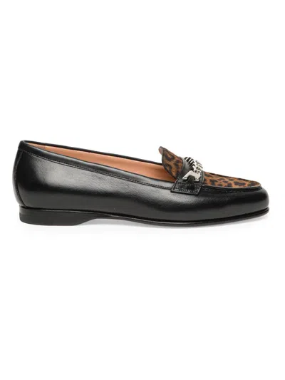 Santoni Leopard Calf Hair And Leather Bit Loafers In Black