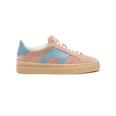 Santoni Women's Pink And Light Blue Suede And Leather Double Buckle Sneaker