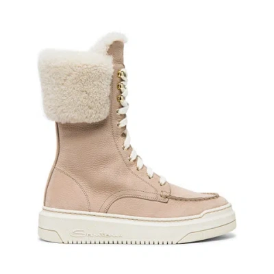 Santoni Women's Pink Tumbled Nubuck Ankle Boot With Fur In Neutral