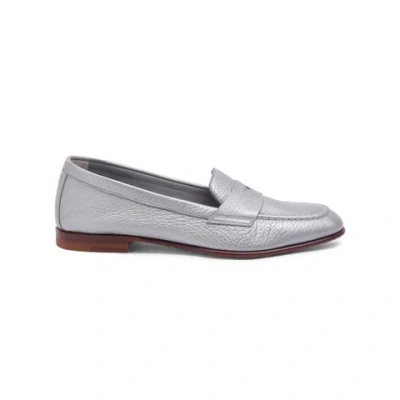 Santoni Women's Silver Tumbled Leather Penny Loafer