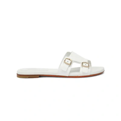 Santoni Women's White Leather Double-buckle Didi Slide Sandal