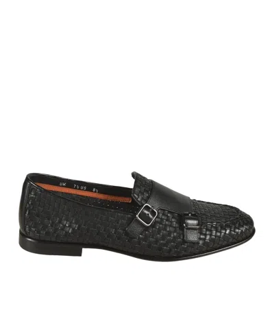 Santoni Woven Leather Double-buckle Loafers In Black