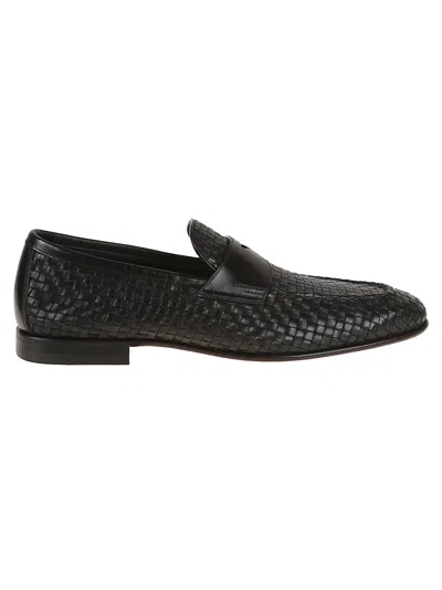 Santoni Woven Leather Loafers With Low Profile Design In Black