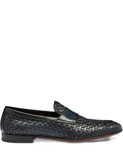 Santoni Woven-leather Penny Loafers In Black
