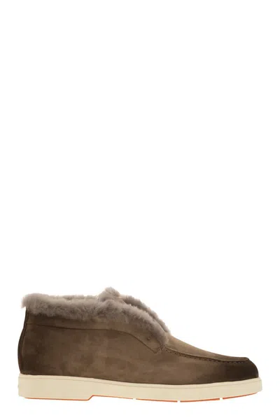 Santoni Suede And Fur Desert Boot In Brown