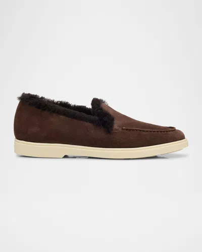 Santoni Yalta Suede Shearling Sporty Loafers In Dark Brown