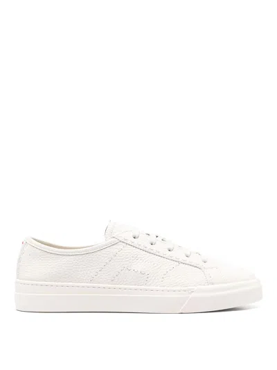 Santoni White Tumbled Leather Double Buckle Trainers