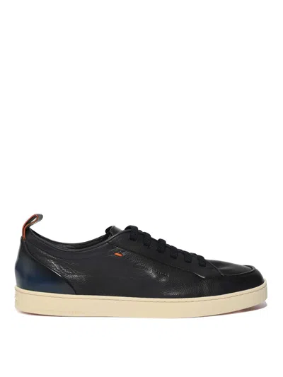 SANTONI BLUE HAMMERED LEATHER SNEAKERS