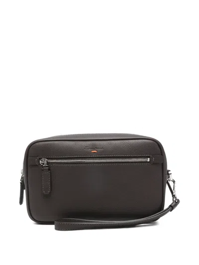 Santoni Zip Leather Beauty Bag In Brown