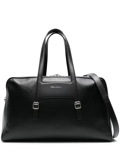 Santoni Zip-up Leather Luggage Bag In Black