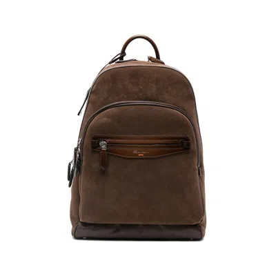 Santoni Zipped Suede Backpack In Brown
