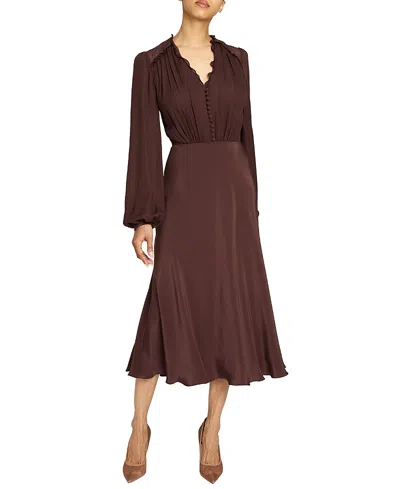 Santorelli Amal Silk Long Sleeve Fit And Flare Midi Dress In Brown