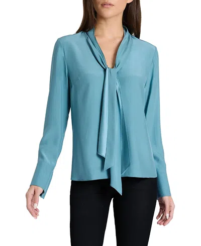 Santorelli Amanda Silk Long Sleeve Tie Neck Blouse In Blue