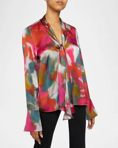 Santorelli Amanda Tie-neck Charmeuse Blouse In Sedona Multi